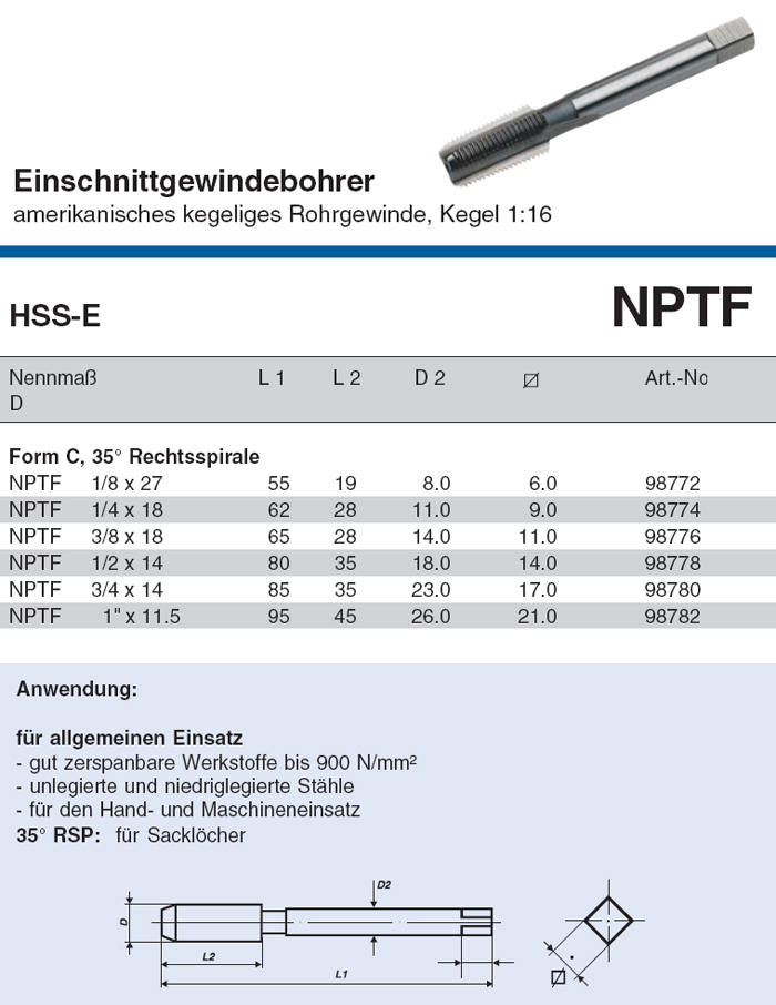 Form C VÖLKEL Einschnittgewindebohrer NPS 1//16-2/" 35° Rechtsspirale HSS-E